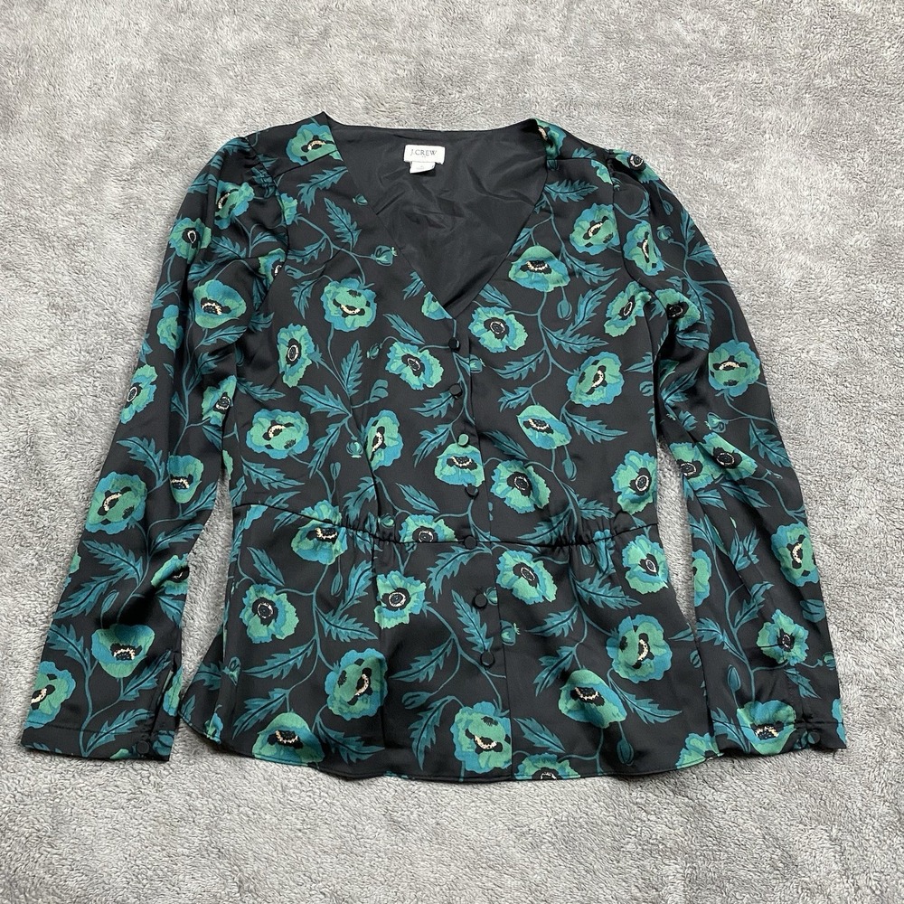 J CREW Print Floral Satin Top Button Front Blouse V Neck Womens 0 Green Black